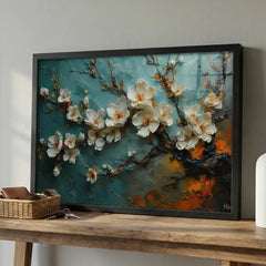 White Spring Blossoms - Textured Floral Art (Premium Glass Frame)