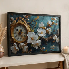 Vintage Clock & White Floral - Premium Glass Framed Wall Art