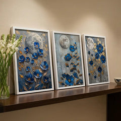 Midnight Blue Florals - 3 Piece Moonlit Art Combo (Premium Glass Frame)