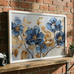 Sapphire & Gold Blooms - Floral Art (Premium Glass Frame)