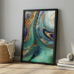 Teal & Gold Fluid Geode Abstract - Premium Glass Framed Wall Art