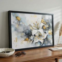 White Lily & Gold Splatters - Floral Art (Premium Glass Frame)