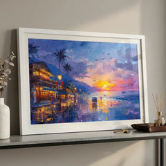 Twilight Coast - Sea Beach & City Lights Art (Premium Glass Frame)