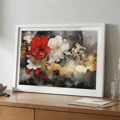Crimson Elegance - Red & White Floral Art (Premium Glass Frame)
