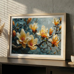 Elegant Cream & Teal Blossom - Premium Glass Framed Wall Art