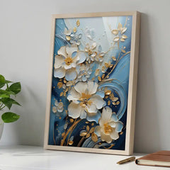 Blue & Gold 3D-Style Floral - Premium Glass Framed Wall Art