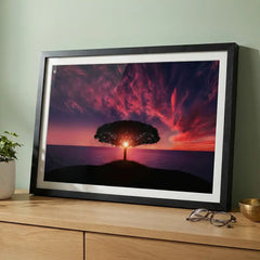 Majestic Magenta Twilight - Solitary Tree Sunset Scenery (Premium Glass Frame)