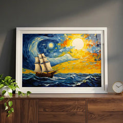 Celestial Voyage - Van Gogh Style Ship Art (Premium Glass Frame)
