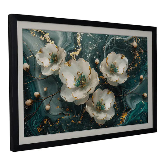Emerald Swirl Abstract White Floral - Premium Glass Framed Wall Art