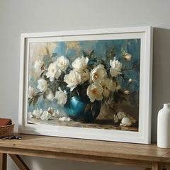 White Blossoms in Blue Vase - Floral Art (Premium Glass Frame)
