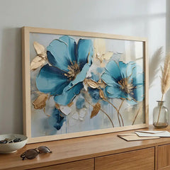 Azure Blooms - Blue & Gold Floral Art (Premium Glass Frame)