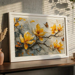 Vibrant Yellow & Orange Floral Butterfly - Premium Glass Framed Wall Art