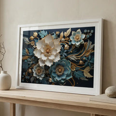 Midnight Teal Blossoms - Floral Art (Premium Glass Frame)