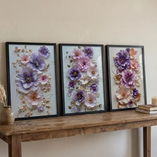 Lavender Dream Florals - 3 Piece Pastel Art Combo (Premium Glass Frame)