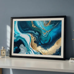 Blue Gold Fluidity - Modern Marble Abstract Art (Premium Glass Frame)