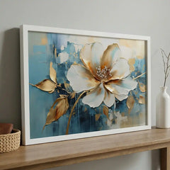 Azure & Gold Petals - Floral Art (Premium Glass Frame)
