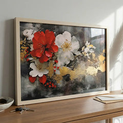 Crimson Elegance - Red & White Floral Art (Premium Glass Frame)