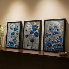 Midnight Blue Florals - 3 Piece Moonlit Art Combo (Premium Glass Frame)