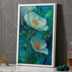 Ethereal Teal Floral - Premium Glass Framed Wall Art