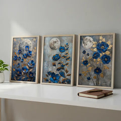 Midnight Blue Florals - 3 Piece Moonlit Art Combo (Premium Glass Frame)