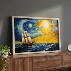 Celestial Voyage - Van Gogh Style Ship Art (Premium Glass Frame)