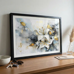 White Lily & Gold Splatters - Floral Art (Premium Glass Frame)