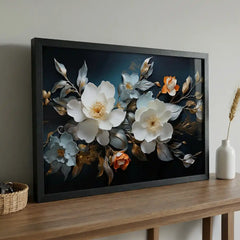 Midnight & Ivory Blossoms - Floral Art (Premium Glass Frame)