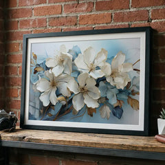 Pristine Blooms - White & Blue Floral Art (Premium Glass Frame)