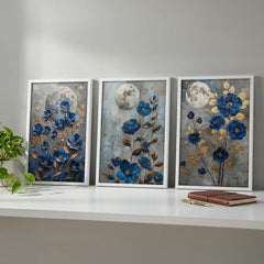 Midnight Blue Florals - 3 Piece Moonlit Art Combo (Premium Glass Frame)