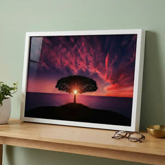 Majestic Magenta Twilight - Solitary Tree Sunset Scenery (Premium Glass Frame)