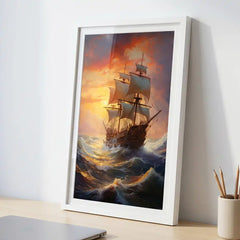 Golden Sunset Voyage - Majestic Sailing Ship Art (Premium Glass Frame)