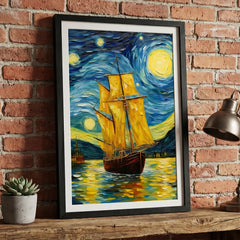 Golden Sails under Starry Skies - Vertical Van Gogh Ship Art (Premium Glass Frame)