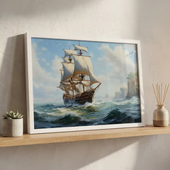 Coastal Voyage - Bright Ocean Ship Art (Premium Glass Frame)