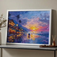 Twilight Coast - Sea Beach & City Lights Art (Premium Glass Frame)