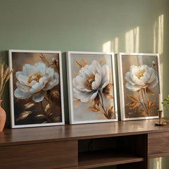 Golden Aura White Peonies - 3 Piece Floral Art Combo (Premium Glass Frame)