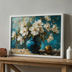 Azure Vase Blossoms - Still Life Art (Premium Glass Frame)