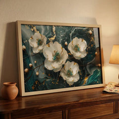 Emerald Swirl Abstract White Floral - Premium Glass Framed Wall Art
