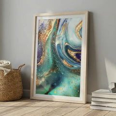 Teal & Gold Fluid Geode Abstract - Premium Glass Framed Wall Art