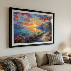 Serene Horizon - Colorful Lake Sunset Art (Premium Glass Frame)
