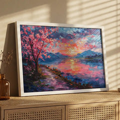 Pink Blossom Sunset - Dreamy Lake Scenery (Premium Glass Frame)
