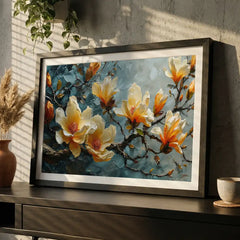 Elegant Cream & Teal Blossom - Premium Glass Framed Wall Art