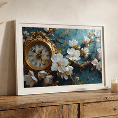 Vintage Clock & White Floral - Premium Glass Framed Wall Art