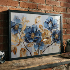Sapphire & Gold Blooms - Floral Art (Premium Glass Frame)