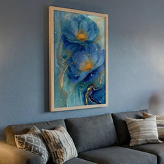Ocean Blue & Gold Floral - Premium Glass Framed Wall Art
