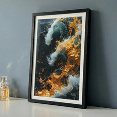 Golden Blue Swirl Abstract - Premium Glass Framed Wall Art