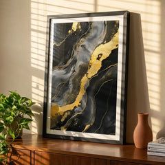 Black & Gold Fluid Marble Abstract - Premium Glass Framed Wall Art