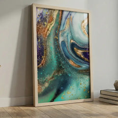 Teal & Gold Fluid Geode Abstract - Premium Glass Framed Wall Art