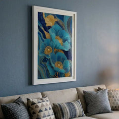 Royal Blue & Gold Floral - Premium Glass Framed Wall Art