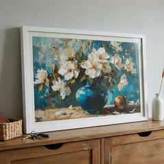 Azure Vase Blossoms - Still Life Art (Premium Glass Frame)