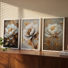 Golden Aura White Peonies - 3 Piece Floral Art Combo (Premium Glass Frame)